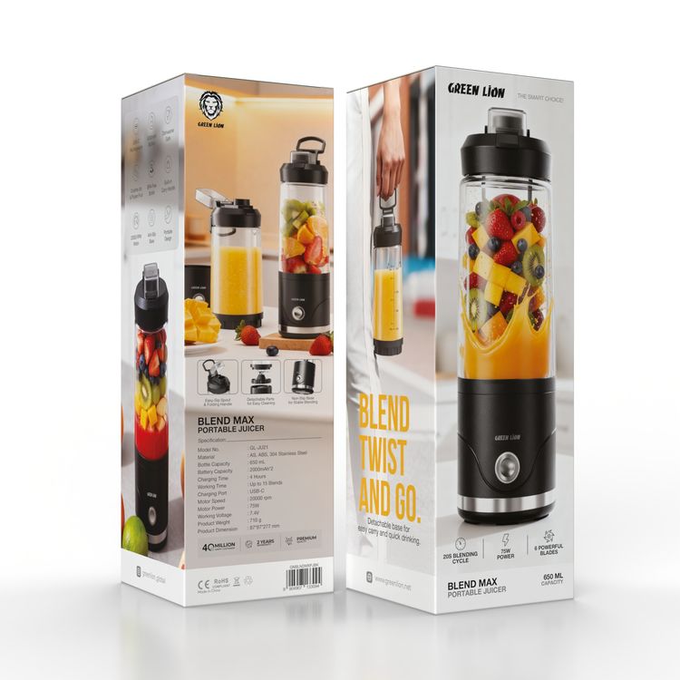 Green Lion Blend Max Portable Juicer with 650mL Capacity, 20000RPM Motor Speed, Built-in Carry Handle, Easy-Sip Spout, Anti-Slip Base, 75W Motor Power - Black 