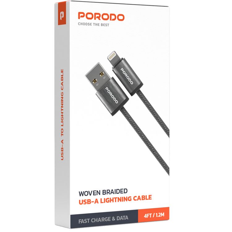 Porodo Woven Braided USB-A to Lightning Cable with Aluminum Alloy & Woven Material, 1.2m Cable Length, Data & Fast Charge Transmission - Black