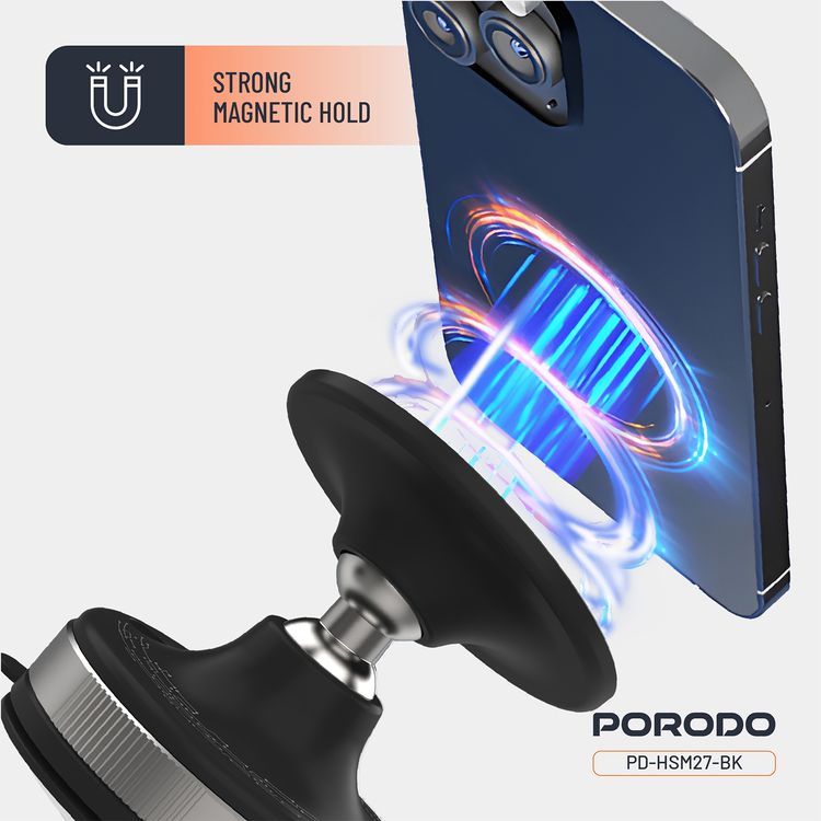 Porodo Vacuseal Smart Suction Magnetic Phone Mount with Adjustable Viewing Angle, N52 Magnets, 5.5" to 6.9" Device Compatibility, Strong Suction - Black