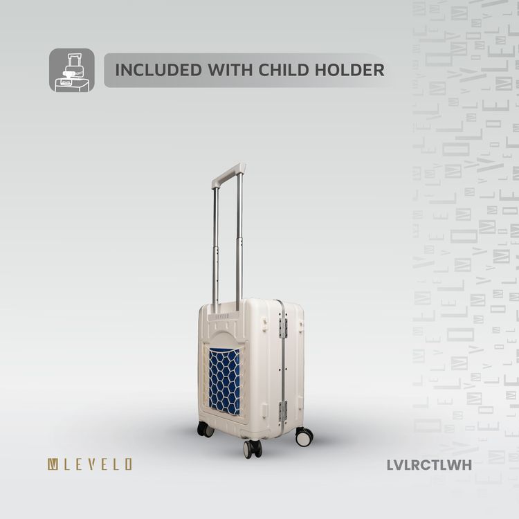 Levelo RoamCruiser 20" Travel Luggage with Detachable Kid Holder, Impact Resistance, PC & Aluminum Material, 50kg Weight Capacity, Silent Wheels, Hypoallergenic Interior, 2 Fusion Telescopic Handles, Integrated Wheel Locks, Built-in Document Holder - White