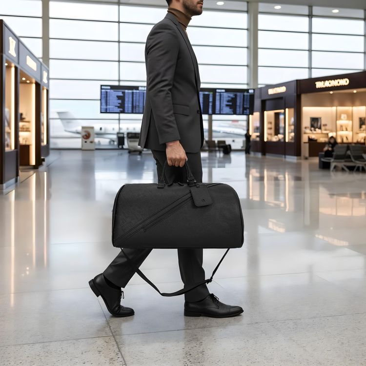Levelo CarryAll PU Leather Duffle Bag, Compact Dimensions, Full-Zip Clamshell Opening, Everyday Versatility, PU Leather, Versatile Use, Multiple Compartments, Ample Space, Front Pocket, Cover Bag Included, Structured Silhouette, for Travel & Gym and More - Black