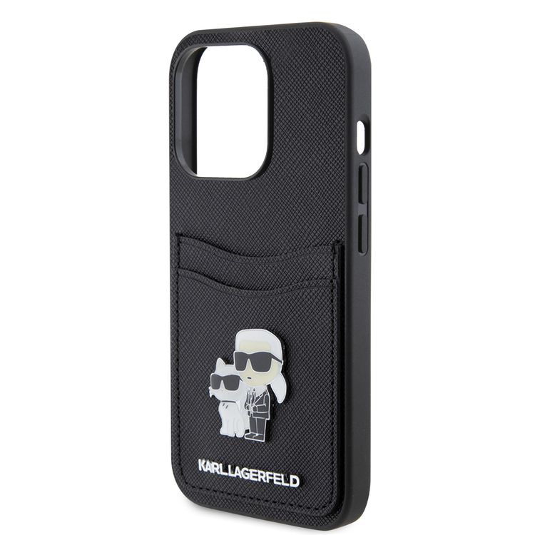 Karl Lagerfeld Saffiano Case with Cardslots and Karl Legerfeld Choupette Heads Metal Pin - Black - iPhone 15 Pro Max