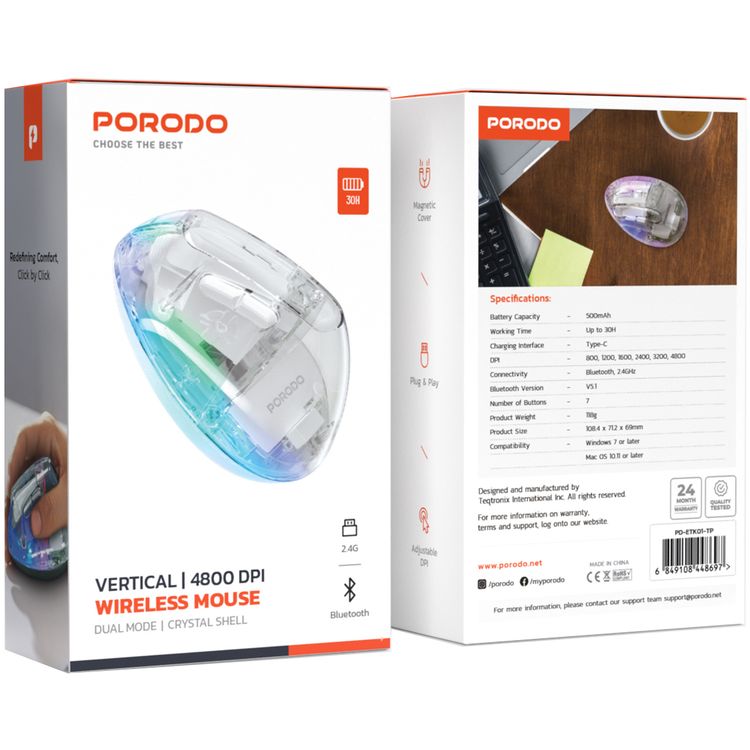 Porodo Vertical 4800 DPI Wireless Mouse with Crystal Shell, Magnetic Cover, Adjustable DPI, Dual Mode, Plug & Play, Type-C Charging Interface - White