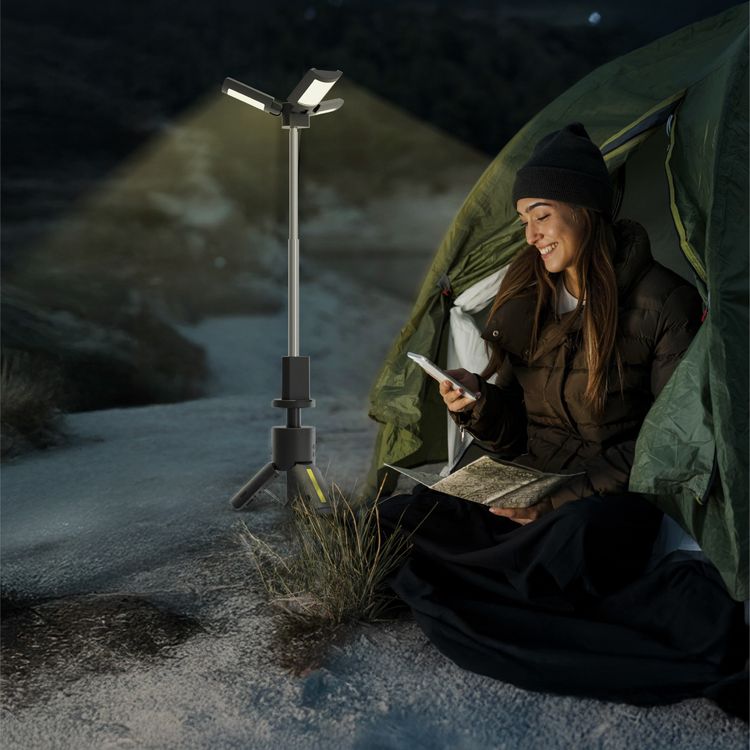 Green Lion Trio Beam Tripod Camping Light with Digital Display, Up to 80 Hours Working Time, White, Golden, 7-Color RGB Light Modes, 5-Level Brightness, Memory Function, Reflective Strips - Black