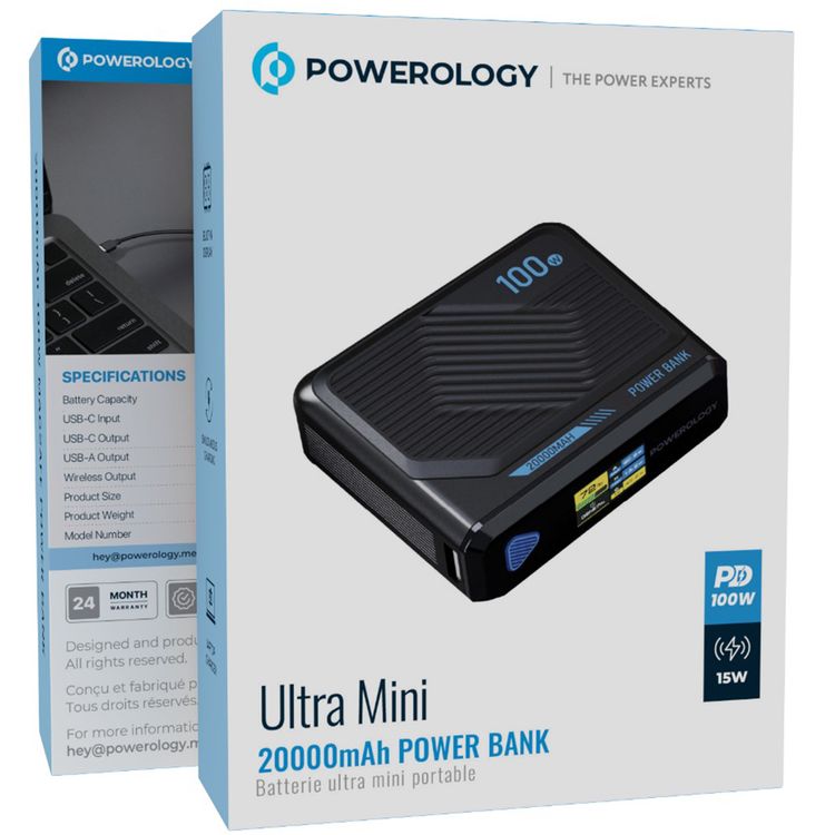 باورولوجي ألترا ميني باور بانك بسعة 20000 مللي أمبير مع شحن متزامن، عرض معلومات الطاقة، توصيل طاقة 100 وات، شحن لاسلكي بقدرة 15 وات - أسود