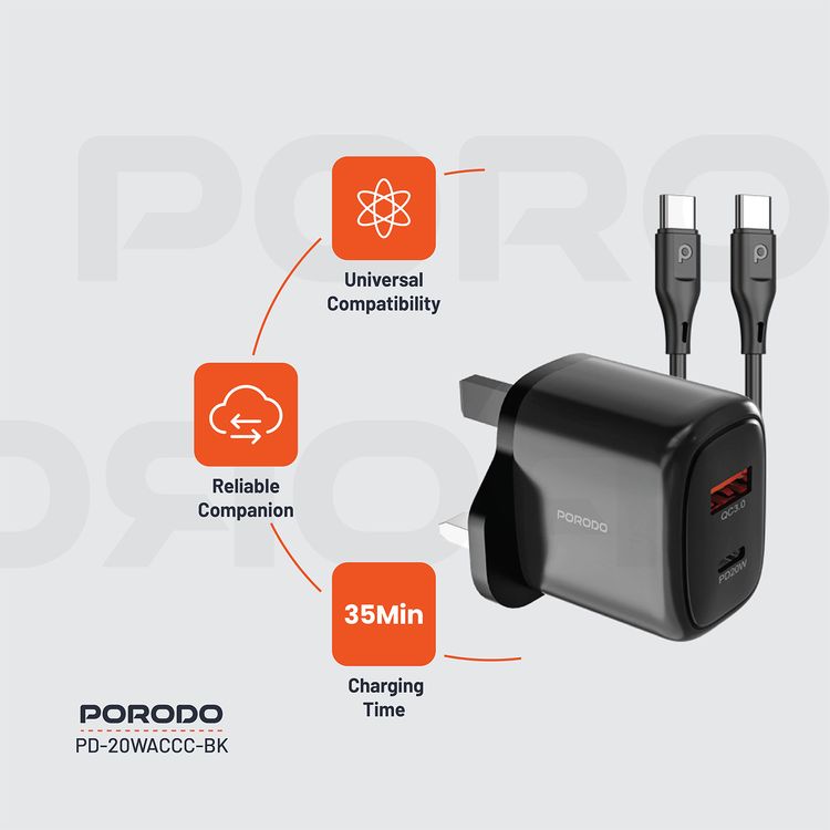 Porodo Dual Output Quick Charger with Type-C to Type-C Cable, 20W Power Delivery, QC 18W, UK 3-Pin Plug, Simultaneous Charging, Universal Compatibility - Black