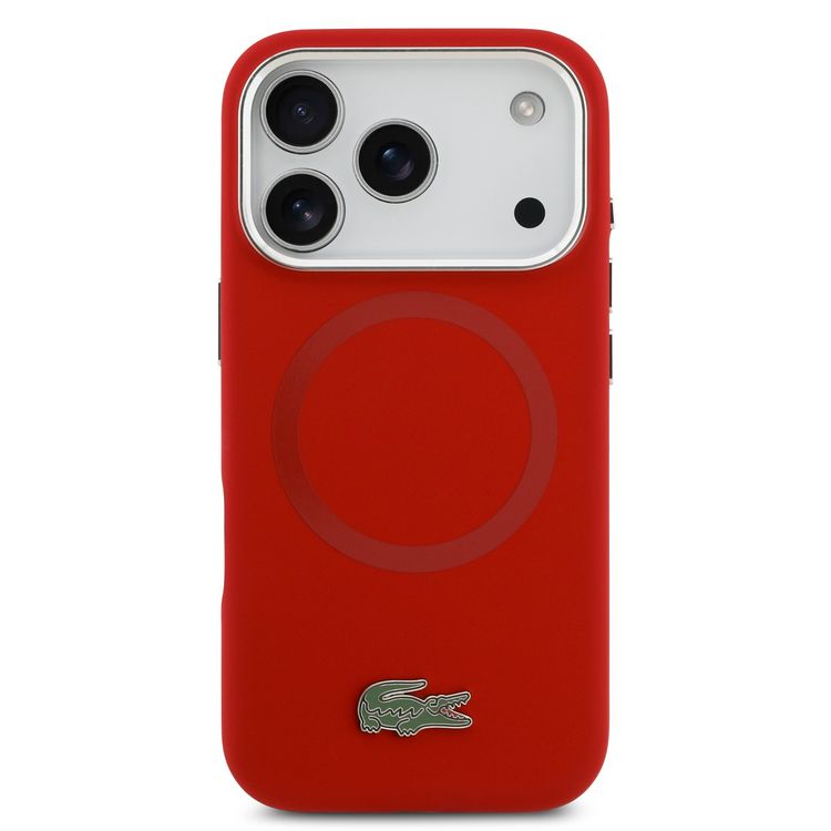 غطاء سيليكون من لاكوست مع شعار معدني لهاتف آيفون 17 برو، حماية من الصدمات، تغليف مستدام، تصميم نحيف، سهل التركيب - أحمر