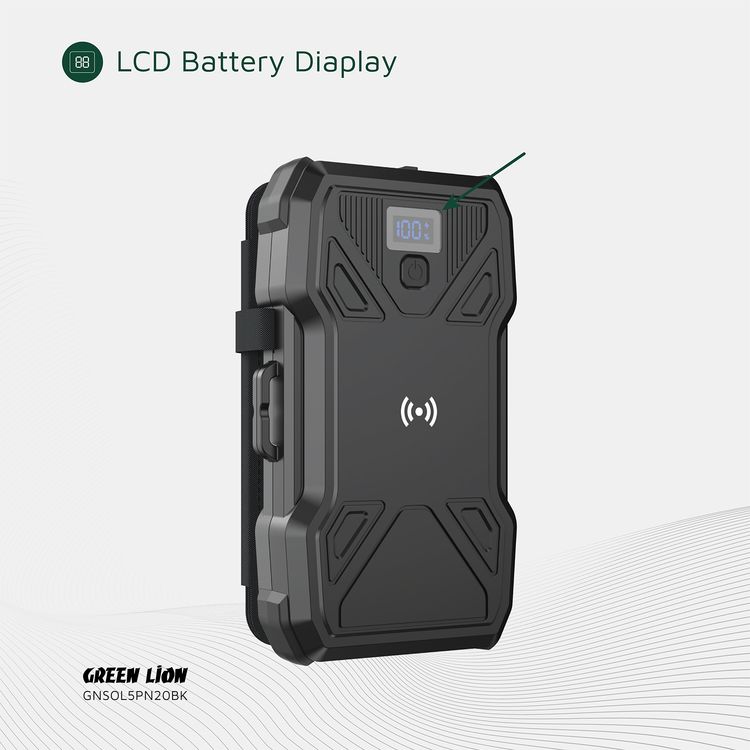Green Lion Solar 5-Panel 20000mAh Power Bank with LCD Battery Display, IP54 Waterproof, 3 LED Modes, QC 22.5W Fast Charging, 15W Wireless Charging - Black