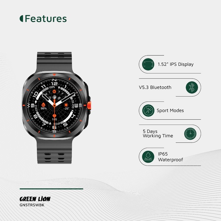 Green Lion Strive Smart Watch with 1.52" IPS Display, Bluetooth Version 5.3, IP65 Waterproof, 5 Days Working Time, Health Monitoring, Sport Modes, 150mAh Battery Capacity, Wireless Charging Type, 2-3 Hours Charging Time, LED Torch, Remote Capture - Black