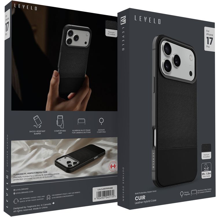 Levelo Cuir Leather Hybrid Case with Comfortable Grip for iPhone 17 Pro, Strong Magnets & MagSafe Compatible, Shock-Resistant Bumper, Aluminum Alloy Frame for Camera & Buttons, Drop-Tested - Phantom Black