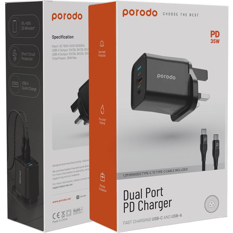 Porodo Dual Port PD Charger with Type-C to Type-C Cable, Fast Charging USB-C & USB-A Outputs, 35W Power Delivery, 18W USB-A Output, Overheat Protection, UK 3-Pin Plug - Black