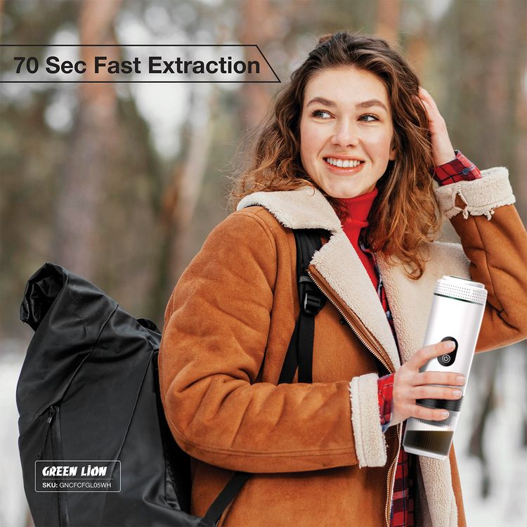 صانع القهوة جرين ليون CAFFEX بقدرة 72 واط، خزان ماء بسعة 80 مل، استخلاص ساخن بدرجة حرارة 90°C، استخلاص سريع في 70 ثانية، شحن من نوع Type-C، سعة بطارية 7500 مللي أمبير - اللون أبيض