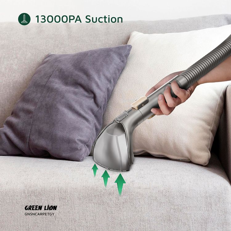 منظف ​​سجاد الحلزون الأخضر الأسد مع وظيفة وضع الحرارة، قوة شفط 13 كيلو باسكال، سعة مياه نظيفة 2 لتر، سعة مياه متسخة 1.4 لتر، طول السلك 5 أمتار، قابس طاقة في المملكة المتحدة، خرطوم مرن 1.5 متر، مقاوم للماء - رمادي