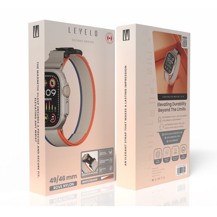 Levelo Rove Nylon Watch Strap with Magnetic Buckle, Compatible with 49/46mm Smartwatches & Apple Watch SE, Series 9, 8, 7, 6, 5, Abrasion Resistance, Hypoallergenic Material, Easy Snap-On & Quick Release Mechanism, Water-Resistant, Sweat-Resistant, 24/7 Wearability - White / Orange