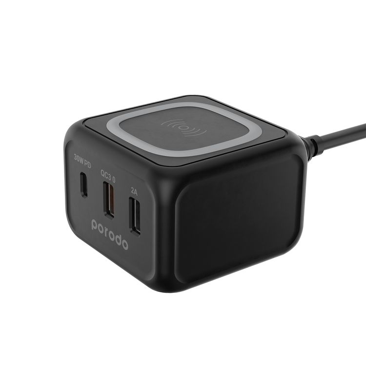 Porodo Triple Ports Fast Wireless Charger with 30W Power Delivery, Desktop Charging Compatibility, 15W Wireless Charging, Overcurrent Protection, Fire Retardant Materials - Black