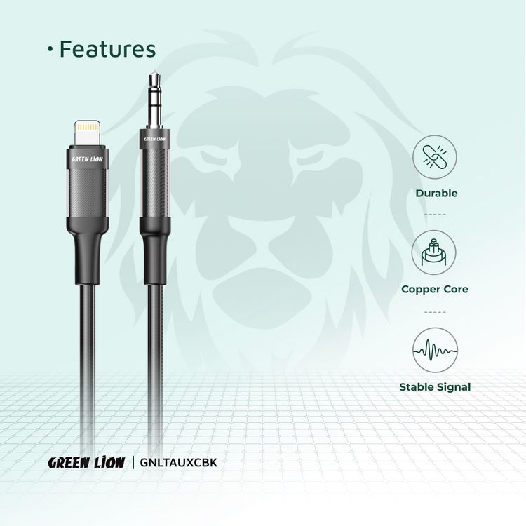 Green Lion Lightning to AUX Braided Cable with 10000 Bends Lifespan, 1m Cable Length, Stable Signal, Copper Core, Transparent + Braided - Black
