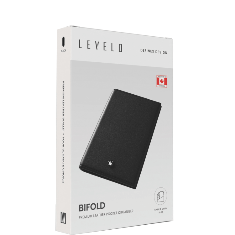منظم جيب جلد طبيعي باللون الأسود من Levelo Bifold بثماني فتحات، جلد طبيعي، متوسط - أسود