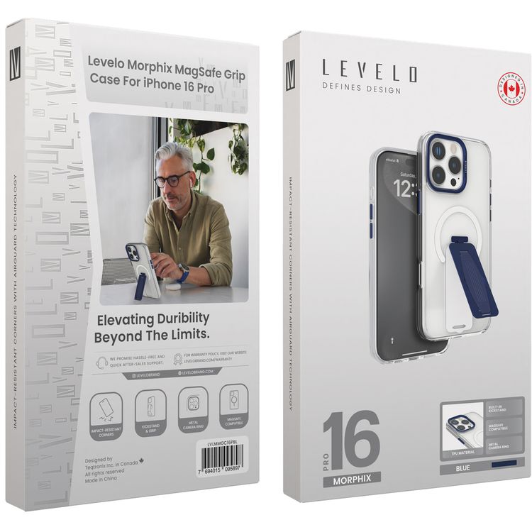 Levelo Morphix MagSafe Grip Case for iPhone 16 Pro, Impact Resistant Corners, Metal Camera Ring, Multi Functional Kickstand Premium Bayer TPU, Silicone Grip - Blue