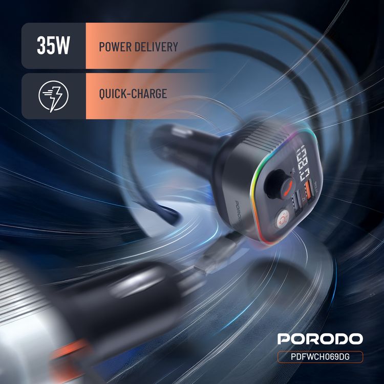 Porodo Audio Boost Bluetooth FM Transmitter Quick-Charge Car Charger with 65W PD, USB-A & USB-C Outputs, USB Flash, 80cm Retractable Type-C Cable, 87.5-107.8 FM Frequency, LED Ambient Lighting, Universal Compatibility - Dark Gray