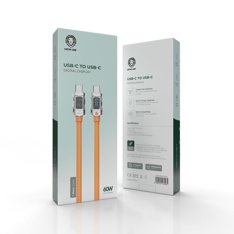 Green Lion USB-C to USB-C Cable with Digital Display, 60W Power Delivery, Fast Charge & Data Sync, 1m Cable Length, Tangle-Free Design, Zinc Alloy Material, 480Mbps Data Transfer Speed - Orange