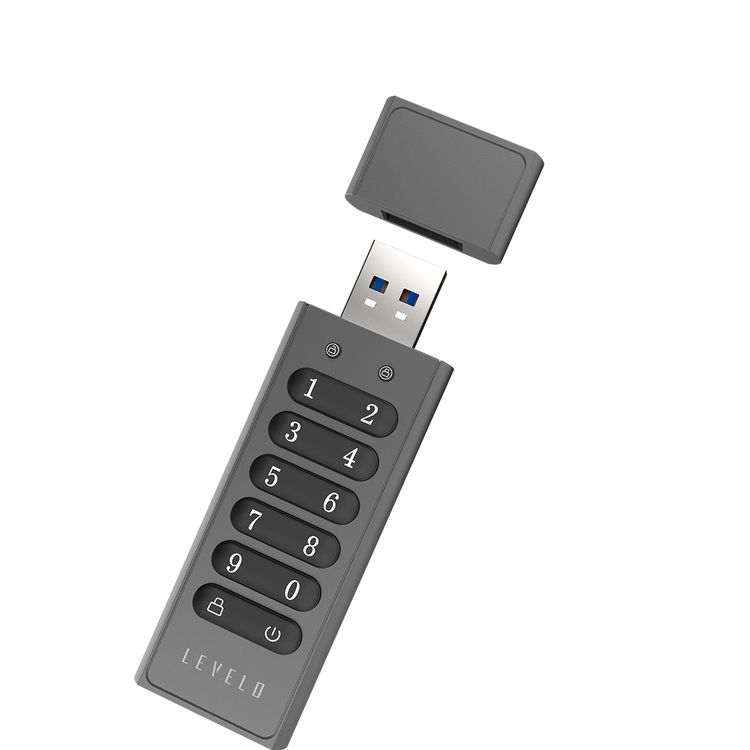 Levelo Lockvault Digital 128GB Encrypted USB Flash Drive with USB-A 3.1 Gen 1 Connector, 160MB/s Reading Speed, 120MB/s Writing Speed, AES256 Encryption Method - Gray