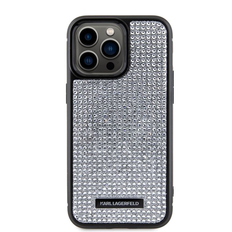 Karl Lagerfeld Rhinestone with Logo Metal Plate Case for iPhone 15 Pro Max - Silver