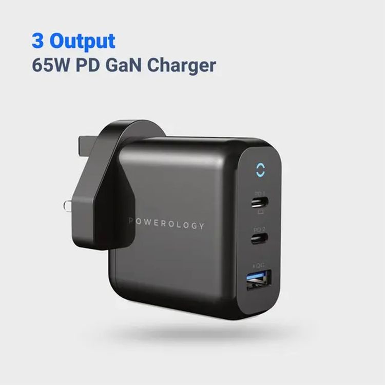 Powerology Compact 3-Output UK GaN Charger with 65W Power Delivery, Laptop Charging Compatibility, Reliable Companion, 0%-60% Charge in 35 Minutes - Black