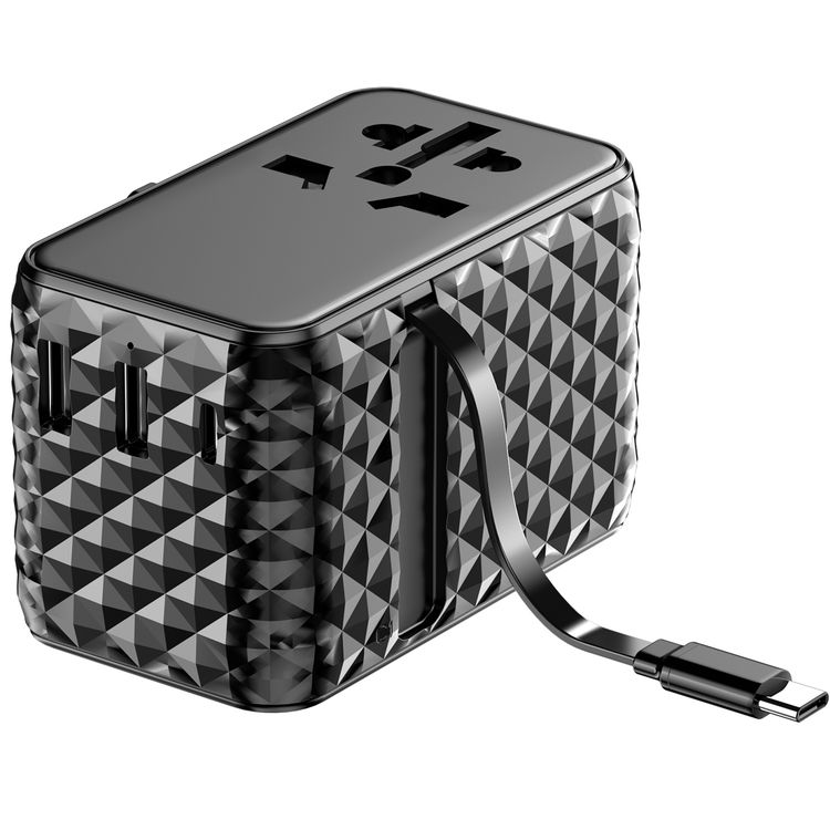 Powerology GaN 20W PD Universal Adapter with Retractable Type-C Cable, Simultaneous Charging, Includes Spare Fuse, Built-In Safeguard - Black