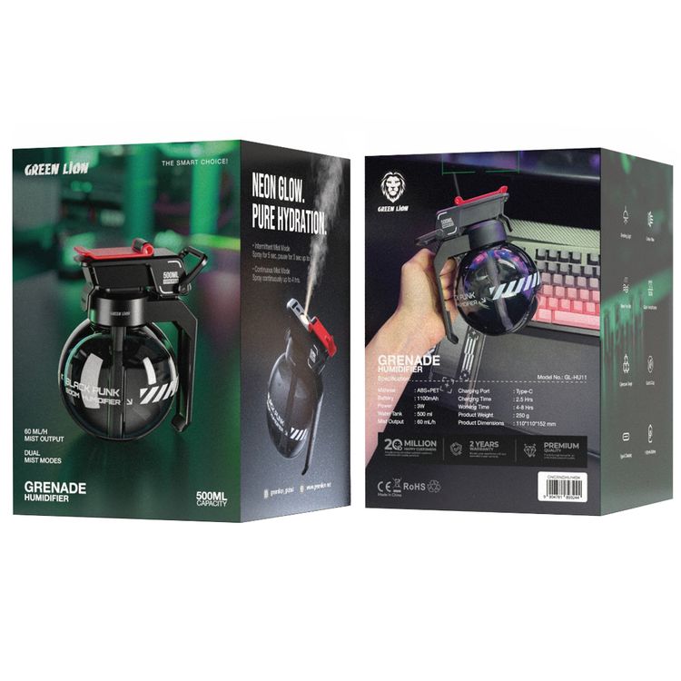 Green Lion Grenade Humidifier with 500mL Water Tank Capacity, Dual Mist Modes, Up to 8 Hours Working Time, Breathing Light, 1100mAh Battery Capacity, Cotton Filter - Black