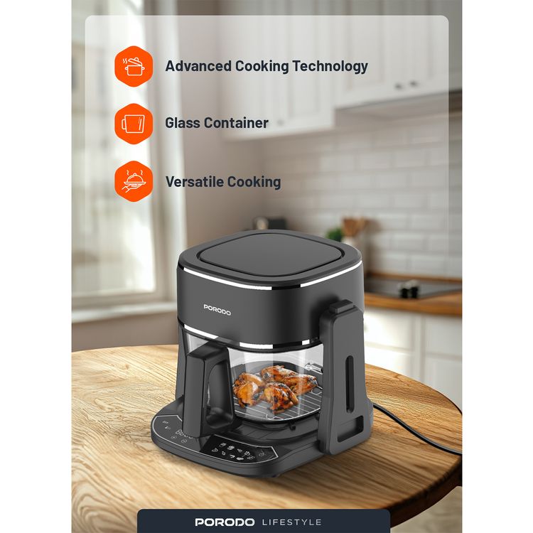 قلاية هوائية وشواية من بورودو لايفستايل بتصميم مزدوج مع 8 وظائف مبرمجة مسبقًا، سعة 4.5 لتر، حاوية زجاجية مقاومة للحرارة، مؤقت يصل إلى 60 دقيقة، قابس كهربائي ثلاثي الأطراف - لوحة لمسية - أسود