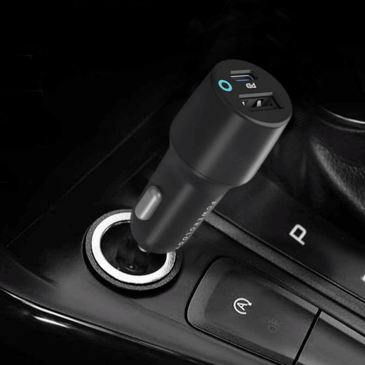 Powerology Dual Port Car Charger with USB-A & USB-C Ports, PD 35W, 47W Total Power, USB-C to Lightning Cable, 1.2m Cable Length, Fast Charging - Black