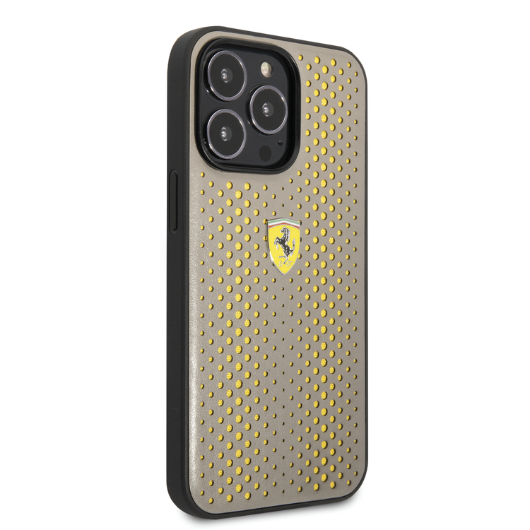 Ferrari PU Leather Perforated Case with Nylon Base & Yellow Shield Logo iPhone 14 Pro Max Compatibility - Yellow