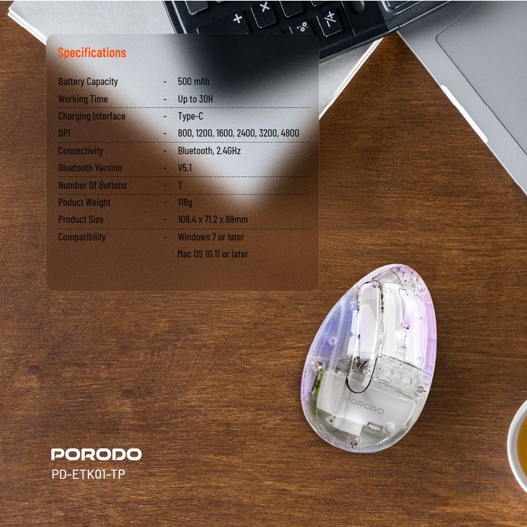 Porodo Vertical 4800 DPI Wireless Mouse with Crystal Shell, Magnetic Cover, Adjustable DPI, Dual Mode, Plug & Play, Type-C Charging Interface - White