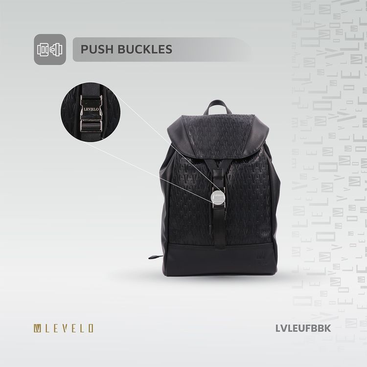 Levelo Envol Universal Fashion Backpack with Premium Leather Material, Scratch Resistant, Lightweight Design, Push Buckles, Drawstring Closure, Multiple Compartments - Black