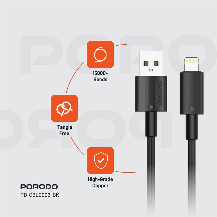 Porodo USB A to Lightning PVC Cable, 480Mbps, 2.4A Current, more than 15000 Bends Life Span, 1.2m Cable length, Tangle Free - Black