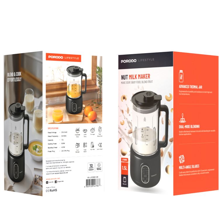 Porodo Lifestyle Nut Milk Maker with Advanced Thermal Jar, 1.5L Capacity, Multi-Angle Blades, 400W Blending Power, Auto-Clean, Dual-Mode Blending - Black