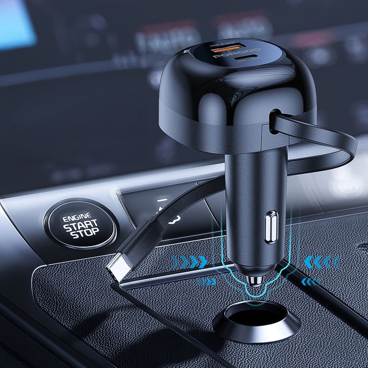 Porodo Dual Port Car Charger with 80cm Retractable Type-C Cable, Simultaneous Charging, Universal Compatibility, 47W Total Output Power - Black