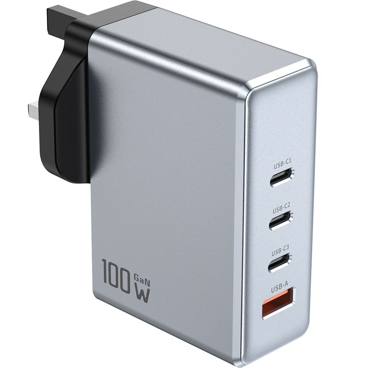 Green Lion GaN UK Plug Wall Charger with 100W Power Delivery, 0%-50% Charge in 30 Minutes, PC Flame Retardant Material, Multiple Protection, USB-C & USB-A Ports - Gray