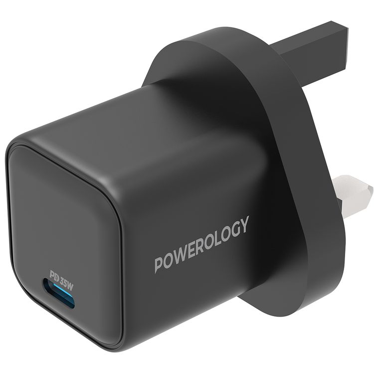 The Powerology 35W Ultra-Quick GaN Charger with UK Plug, USB-C Output Port, Fast Charge, Portable & Compact Design, Built-in Safeguards, 100-240V Input - Black