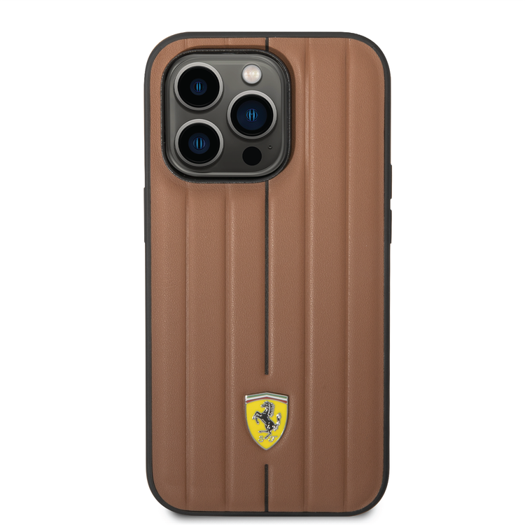 Ferrari Leather Case With Embossed Stripes & Yellow Shield Logo - iPhone 14 Pro Max - Camel