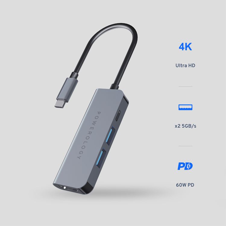 Powerology 4-in-1 USB-C Hub with HDMI & USB 3.0, 60W Power Delivery, Fast Charge & Data Transfer, 4K HDMI, 5Gbps Data Transmission, Aluminum Shell - Gray