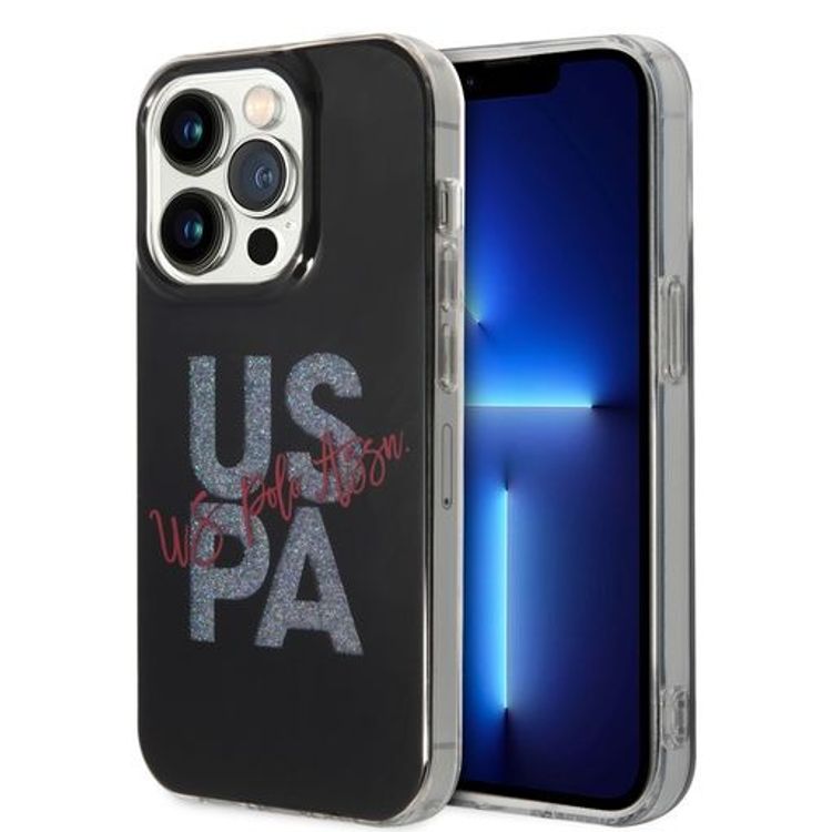 حافظة بطاقات لامعة من US Polo لهاتف iPhone 14 Pro - أسود