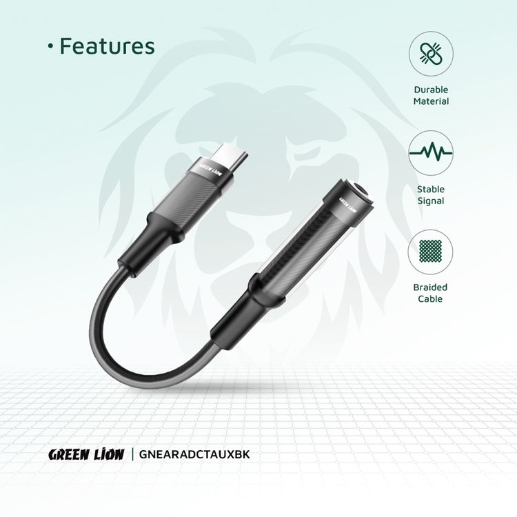 Green Lion Earphone Adapter with USB-C to 3.5mm Audio Jack Connector, 12cm Cable Length, Music Play & Call Function, More than 10,000 Bends Lifespan - Black