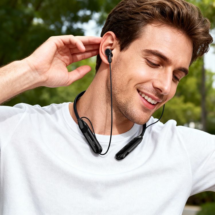 Porodo Blue Wireless Magnetic Earbuds with Neckband Design, Up to 16 Hours Play Time, Up to 18 Hours Talk Time, 10mm Speaker Size, 3-Button Control, Dual Bluetooth Pairing, Built-in Microphone - Black