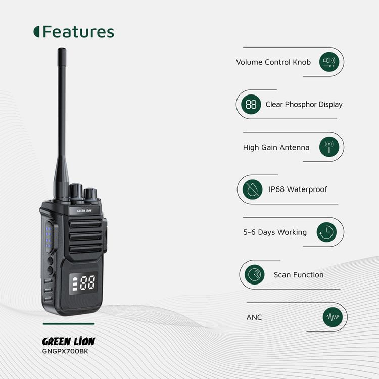 جهاز "جرين ليون GPX700 ووكي توكي" مع وقت تشغيل يصل إلى 6 أيام، يحتوي على 99 قناة تناظرية، ومدى إشارة يصل إلى 5 كيلومترات، وتقنية ANC، وسعة بطارية 3000 مللي أمبير، ووظيفة إنذار SOS.