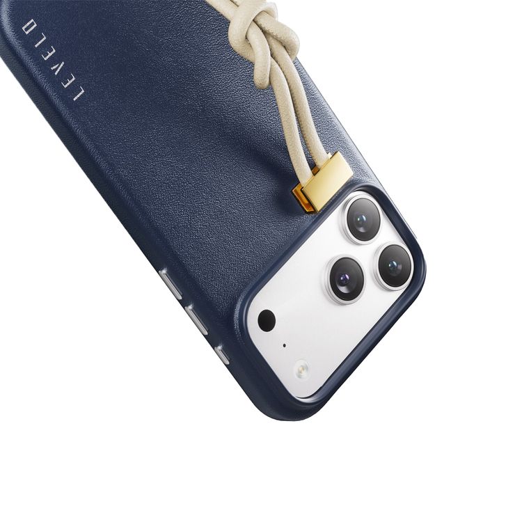 Levelo Polaris PU Leather Case with Wrist-Strap Grip for iPhone 17 Pro Max, Microfiber Inner Lining, Raised Bezels for Camera & Screen, Shock-Resistant Bumper, Drop-Tested - Dark Blue