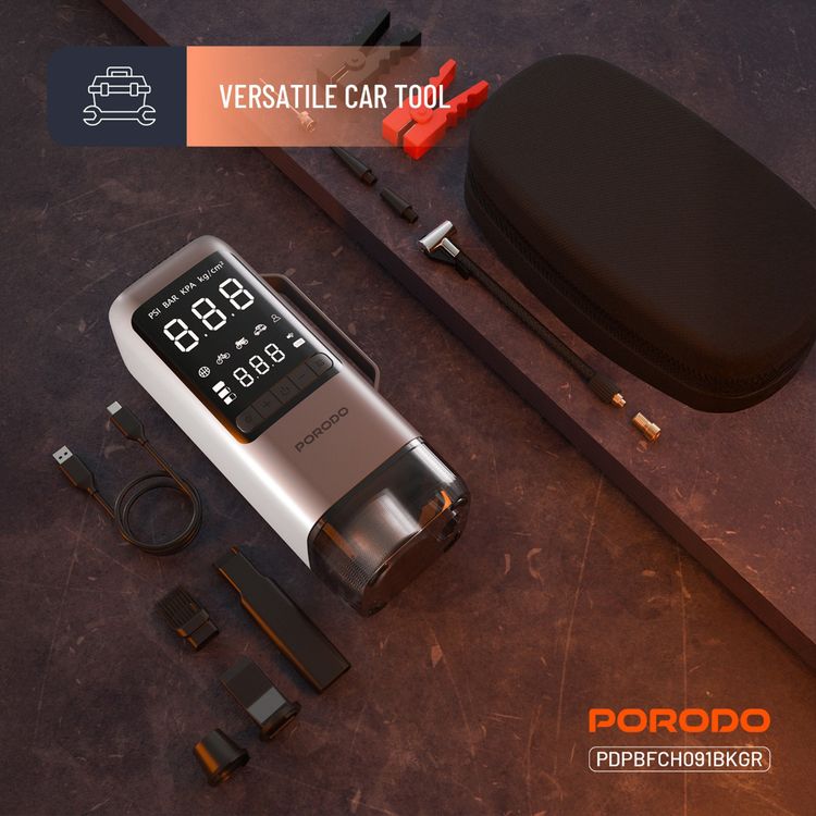 Porodo 6-in-1 Multifunction Power Tool with 8000mAh Power Bank, 1000A Jump Starter, 273m/s Blower, 5000Pa Car Vacuum, 200 Lumens LED Lights with SOS Mode, 22L/min Tire Inflator, 284m/s Suction Speed, 5000Pa Max Pressure, 1m USB-C Cable, 35cm Air Hose Length - Black / Gray