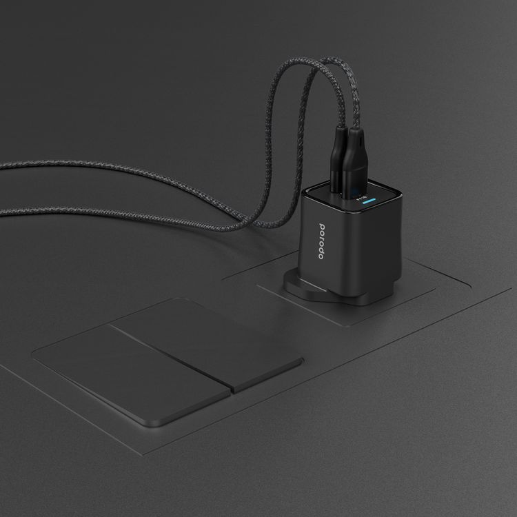 Porodo Dual Port PD Charger with Type-C to Type-C Cable, Fast Charging USB-C & USB-A Outputs, 35W Power Delivery, 18W USB-A Output, Overheat Protection, UK 3-Pin Plug - Black