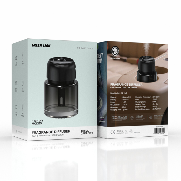 جهاز نشر العطر من جرين ليون بسعة 130 مل، يحتوي على 3 أوضاع للرش، يتحكم باللمس، شاشة LED، وقت شحن ساعة واحدة، بطارية بسعة 200 مللي أمبير، تغطية 20 م²، ووقت عمل من 3 إلى 4 ساعات - أسود.