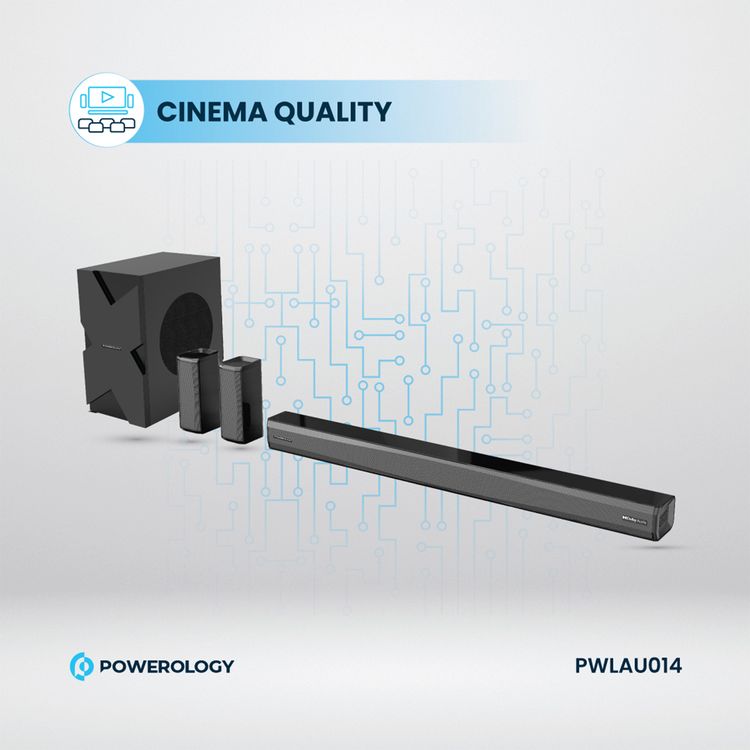 Powerology 5.1CH Home Theater Soundbar with Dolby Audio with Wireless Subwoofer/Surround, 10M Bluetooth Range, LED Display, Remote control, TV ARC Input, USB & AUX Port -  Black